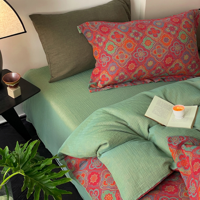 91家纺网 家纺一手货源 找家纺 睡棉坊 2024新款全棉色织提花双层纱复古单被套 百样