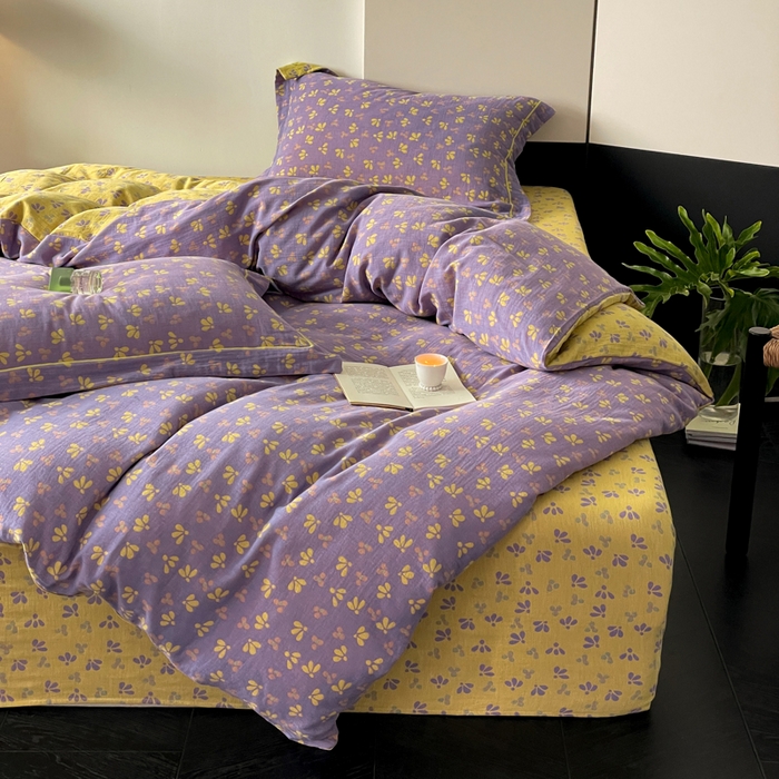91家纺网 家纺一手货源 找家纺 睡棉坊 2024新款全棉色织提花双层纱复古单被套 诗画-紫