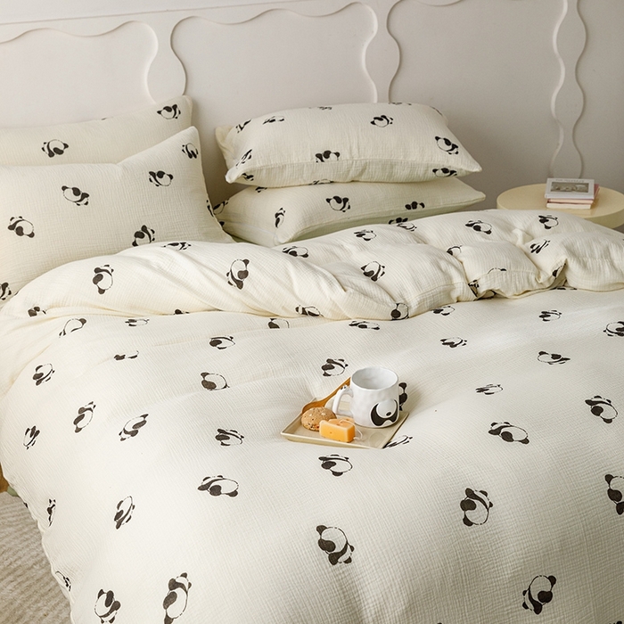 91家纺网 家纺一手货源 找家纺 蜜柚 2024新款全棉双层皱皱纱四件套 熊猫团子