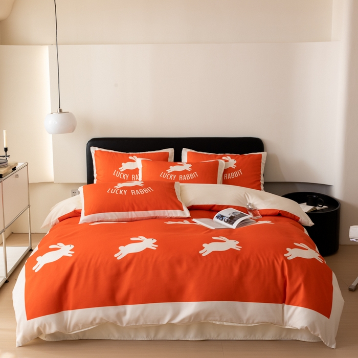 91家纺网 家纺一手货源 找家纺 摩卡 2024新款亲肤真丝棉四件套-幸运兔 幸运兔-橘