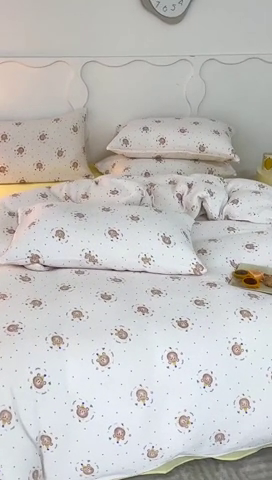 91家纺网 家纺一手货源 找家纺 蜜柚 2024新款全棉双层皱皱纱四件套 饼干熊