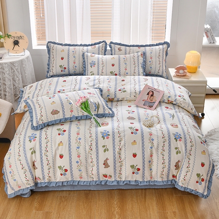 91家纺网 家纺一手货源 找家纺 梦精灵家纺 2025新款花边床单四件套 浆果小兔