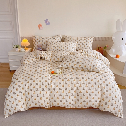 于果 2024新款全棉双层纱四件套 波点玩偶熊