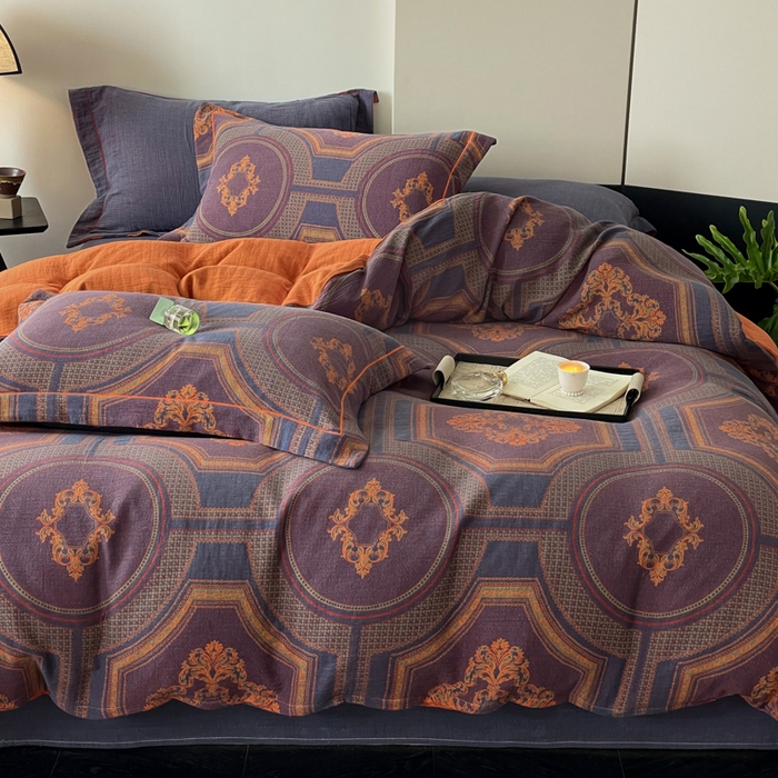 91家纺网 家纺一手货源 找家纺 睡棉坊 2024新款全棉色织提花双层纱复古单被套 典朴