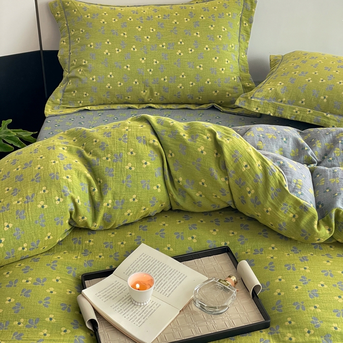 91家纺网 家纺一手货源 找家纺 睡棉坊 2024新款全棉色织提花双层纱复古单被套 诗画-绿