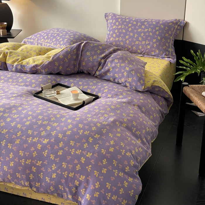 91家纺网 家纺一手货源 找家纺 睡棉坊 2024新款全棉色织提花双层纱复古单被套 诗画-紫