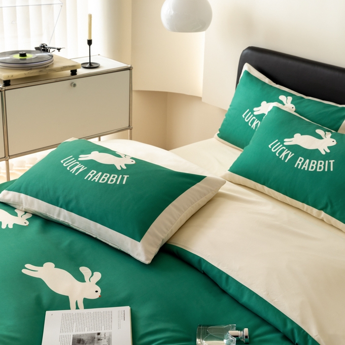 91家纺网 家纺一手货源 找家纺 摩卡 2024新款亲肤真丝棉四件套-幸运兔 幸运兔-绿