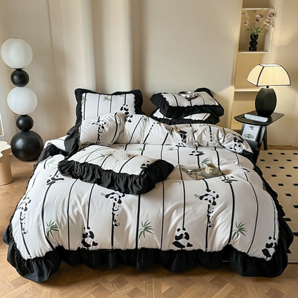 91家纺网 家纺一手货源 找家纺 花伞家居 2024新款水洗棉花边四件套-妮娜 妮娜-竹叶熊猫