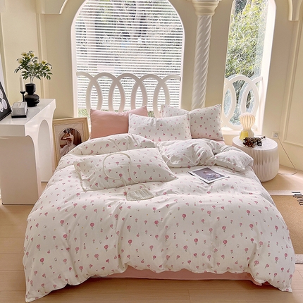 于果 2024新款全棉双层纱四件套 粉小花