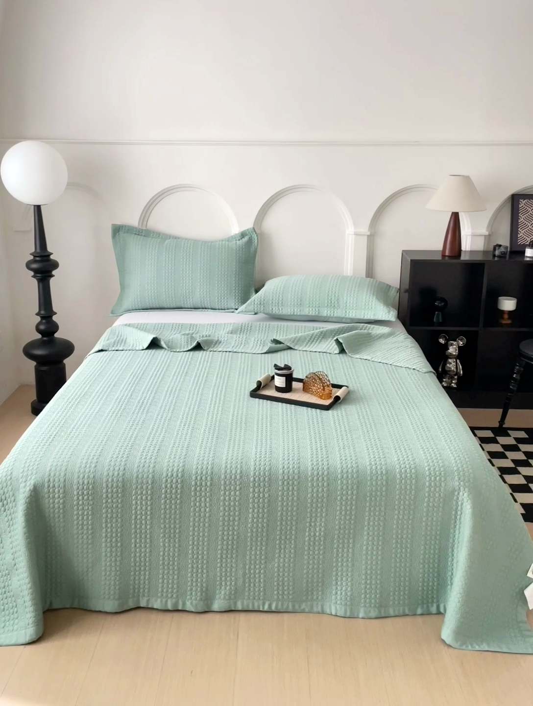 91家纺网 家纺一手货源 找家纺 沐纯家居 2024新款纯色天丝床盖 浅蓝