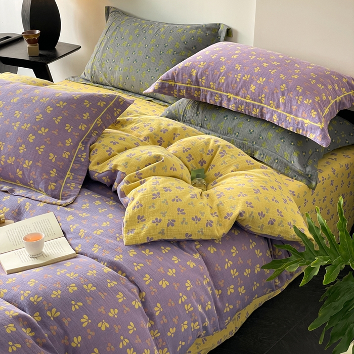 91家纺网 家纺一手货源 找家纺 睡棉坊 2024新款全棉色织提花双层纱复古单被套 诗画-紫