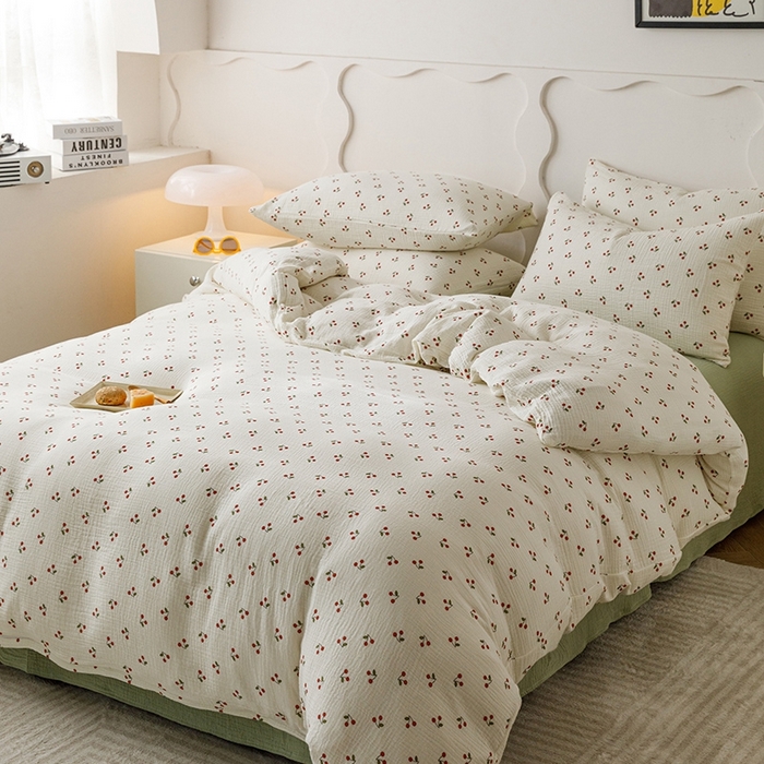 91家纺网 家纺一手货源 找家纺 蜜柚 2024新款全棉双层皱皱纱四件套 小樱桃