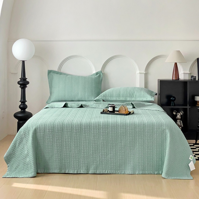 91家纺网 家纺一手货源 找家纺 沐纯家居 2024新款纯色天丝床盖 浅蓝