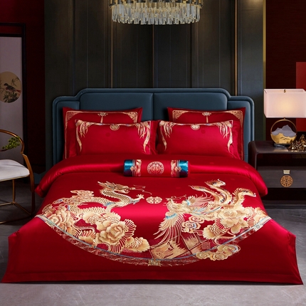 91家纺网 家纺一手货源 找家纺 美娘阁 2025新款长绒棉贡缎提花新中式古典韵味精美刺绣婚庆四件套多件套系列一 龙跃凤鸣（金）