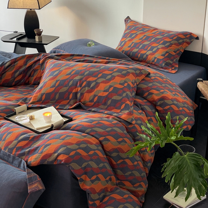 91家纺网 家纺一手货源 找家纺 睡棉坊 2024新款全棉色织提花双层纱复古单被套 连接