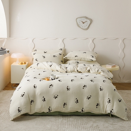 91家纺网 家纺一手货源 找家纺 蜜柚 2024新款全棉双层皱皱纱四件套 熊猫团子