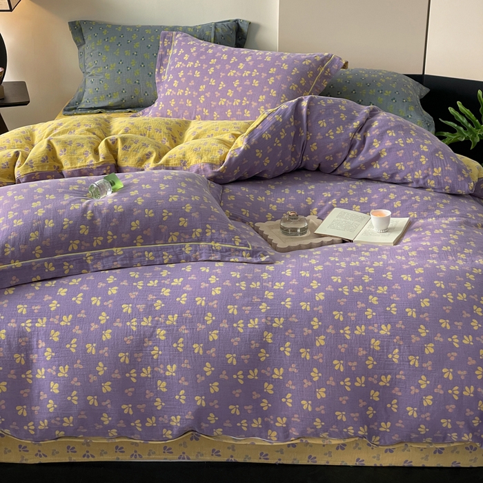 91家纺网 家纺一手货源 找家纺 睡棉坊 2024新款全棉色织提花双层纱复古单被套 诗画-紫