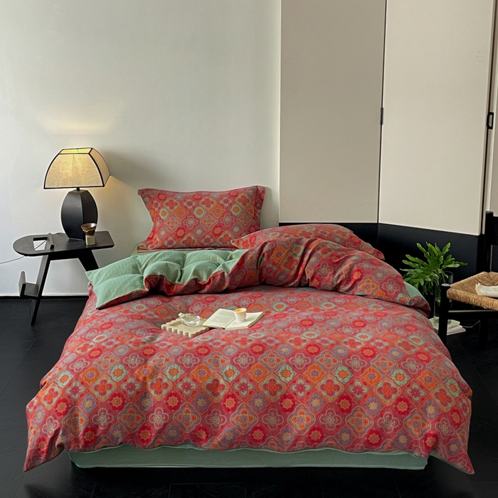 91家纺网 家纺一手货源 找家纺 睡棉坊 2024新款全棉色织提花双层纱复古单被套 百样