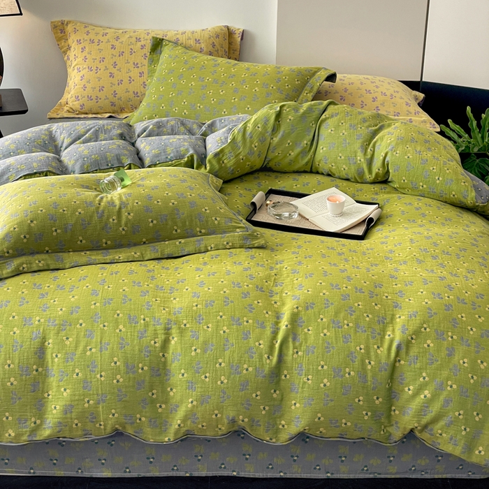 91家纺网 家纺一手货源 找家纺 睡棉坊 2024新款全棉色织提花双层纱复古单被套 诗画-绿