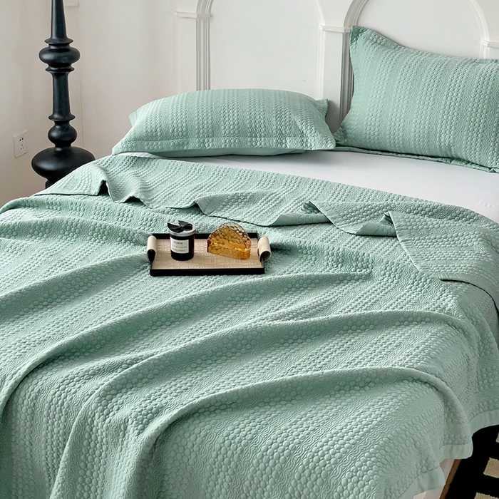 91家纺网 家纺一手货源 找家纺 沐纯家居 2024新款纯色天丝床盖 浅蓝