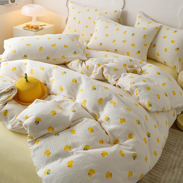91家纺网 家纺一手货源 找家纺 蜜柚 2024新款全棉双层皱皱纱四件套 快乐鸭鸭
