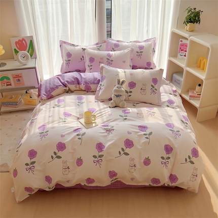 91家纺网 家纺一手货源 找家纺 尚帛 2024新款12868全棉印花四件套 玫瑰之约-紫