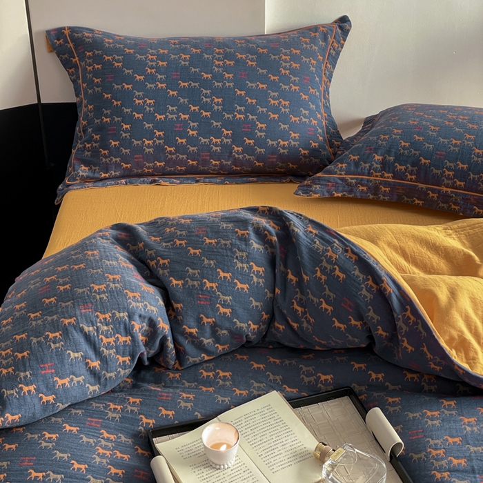 91家纺网 家纺一手货源 找家纺 睡棉坊 2024新款全棉色织提花双层纱复古单被套 群马