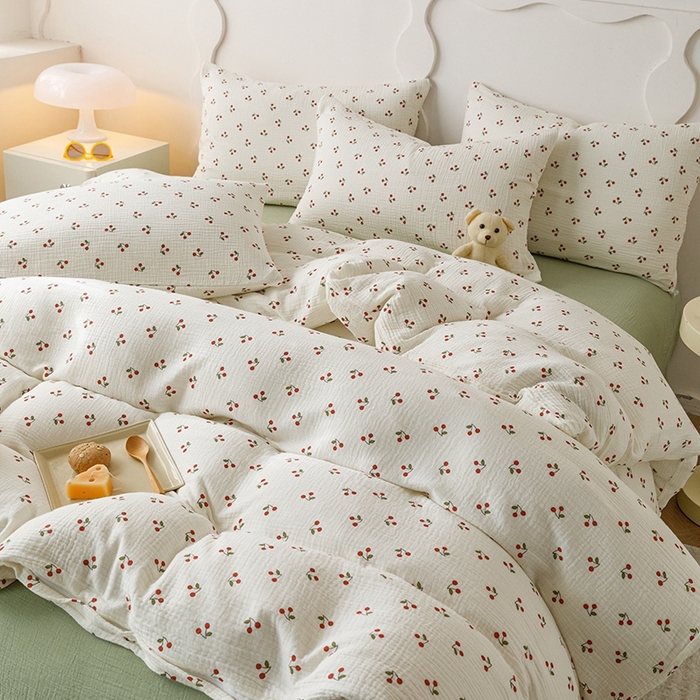 91家纺网 家纺一手货源 找家纺 蜜柚 2024新款全棉双层皱皱纱四件套 小樱桃