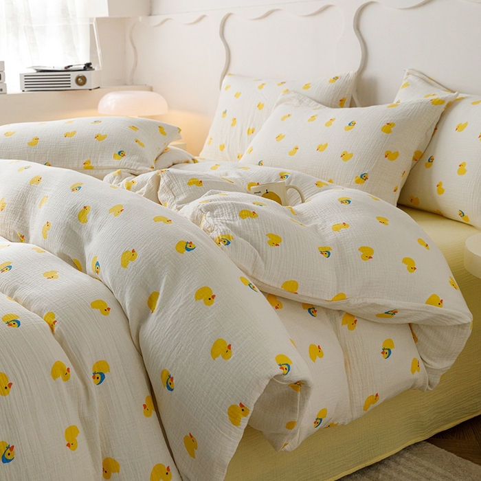 91家纺网 家纺一手货源 找家纺 蜜柚 2024新款全棉双层皱皱纱四件套 快乐鸭鸭