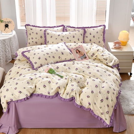 91家纺网 家纺一手货源 找家纺 梦精灵家纺 2025新款花边床单四件套 紫葡萄