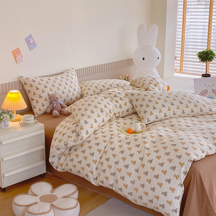 91家纺网 家纺一手货源 找家纺 于果 2024新款全棉双层纱四件套 波点玩偶熊