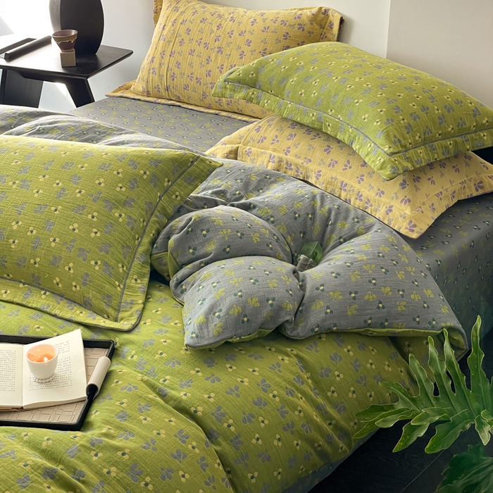 91家纺网 家纺一手货源 找家纺 睡棉坊 2024新款全棉色织提花双层纱复古单被套 诗画-绿