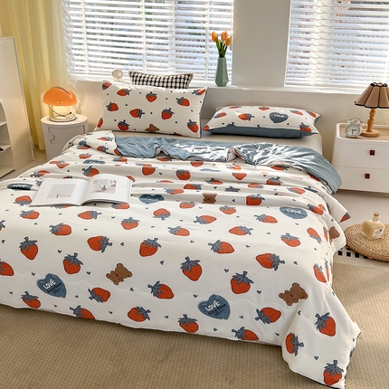 91家纺网 家纺一手货源 找家纺 艺菲阁家纺 2024新款大豆蛋白水洗双层纱夏被 莓天开心