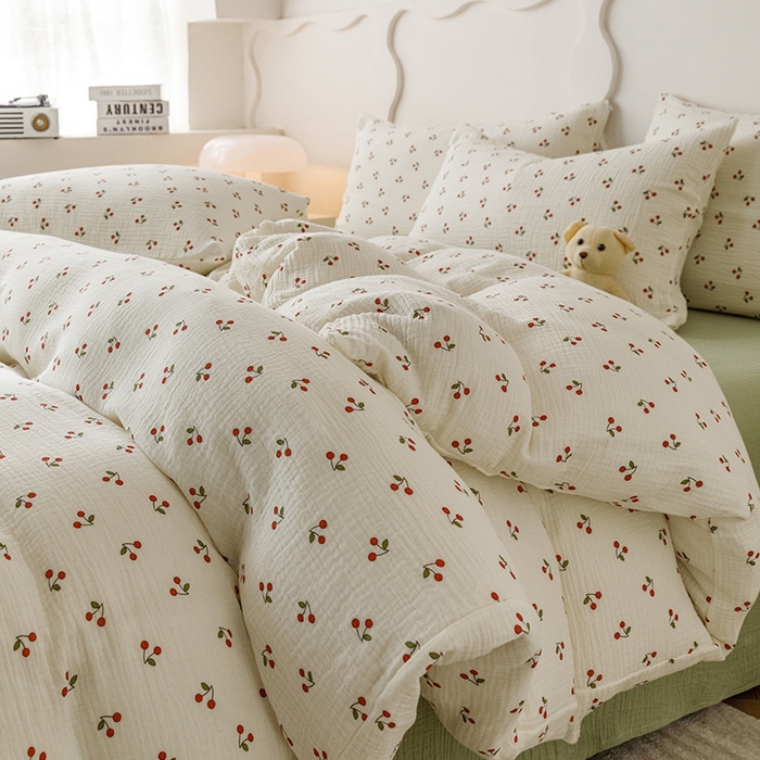 91家纺网 家纺一手货源 找家纺 蜜柚 2024新款全棉双层皱皱纱四件套 小樱桃