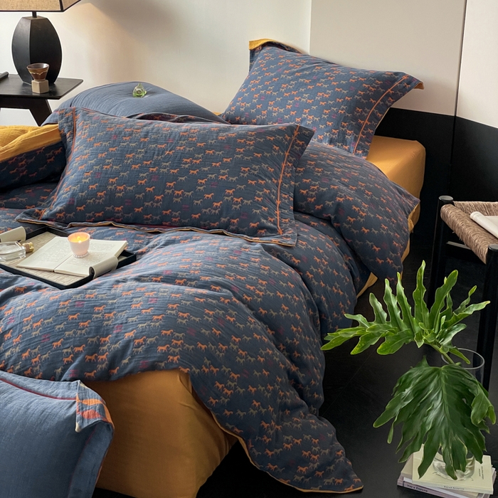 91家纺网 家纺一手货源 找家纺 睡棉坊 2024新款全棉色织提花双层纱复古单被套 群马