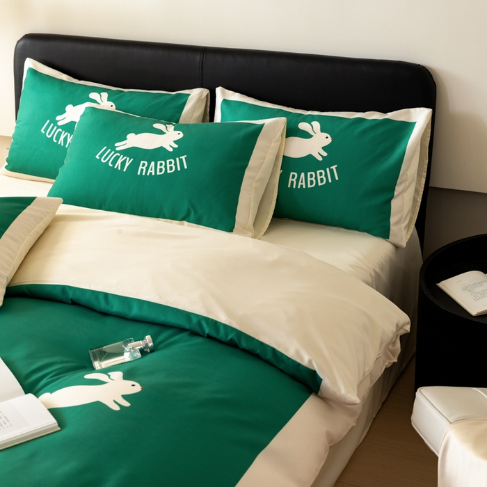 91家纺网 家纺一手货源 找家纺 摩卡 2024新款亲肤真丝棉四件套-幸运兔 幸运兔-绿