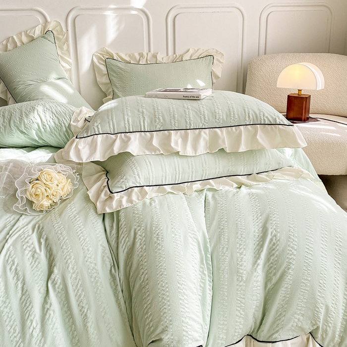 91家纺网 家纺一手货源 找家纺 大境 2024新款小提花韩版公主风小清新轻奢四件套三件套 香草绿