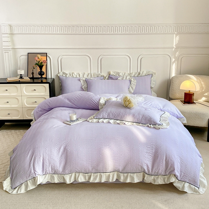 91家纺网 家纺一手货源 找家纺 大境 2024新款小提花韩版公主风小清新轻奢四件套三件套 浪漫紫