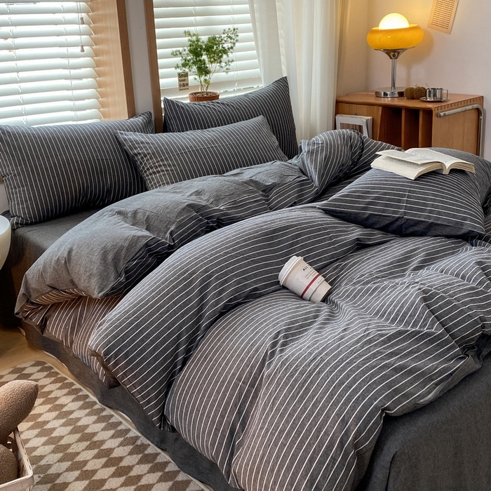 91家纺网 家纺一手货源 找家纺 蓝邻家纺 2024新款全棉色织水洗棉四件套 灰细条