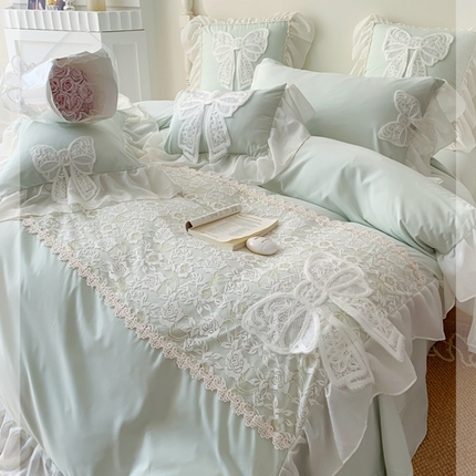 91家纺网 家纺一手货源 找家纺 吾欢心 2025新款蝴蝶仙子蕾丝花边四件套 蝴蝶仙子绿