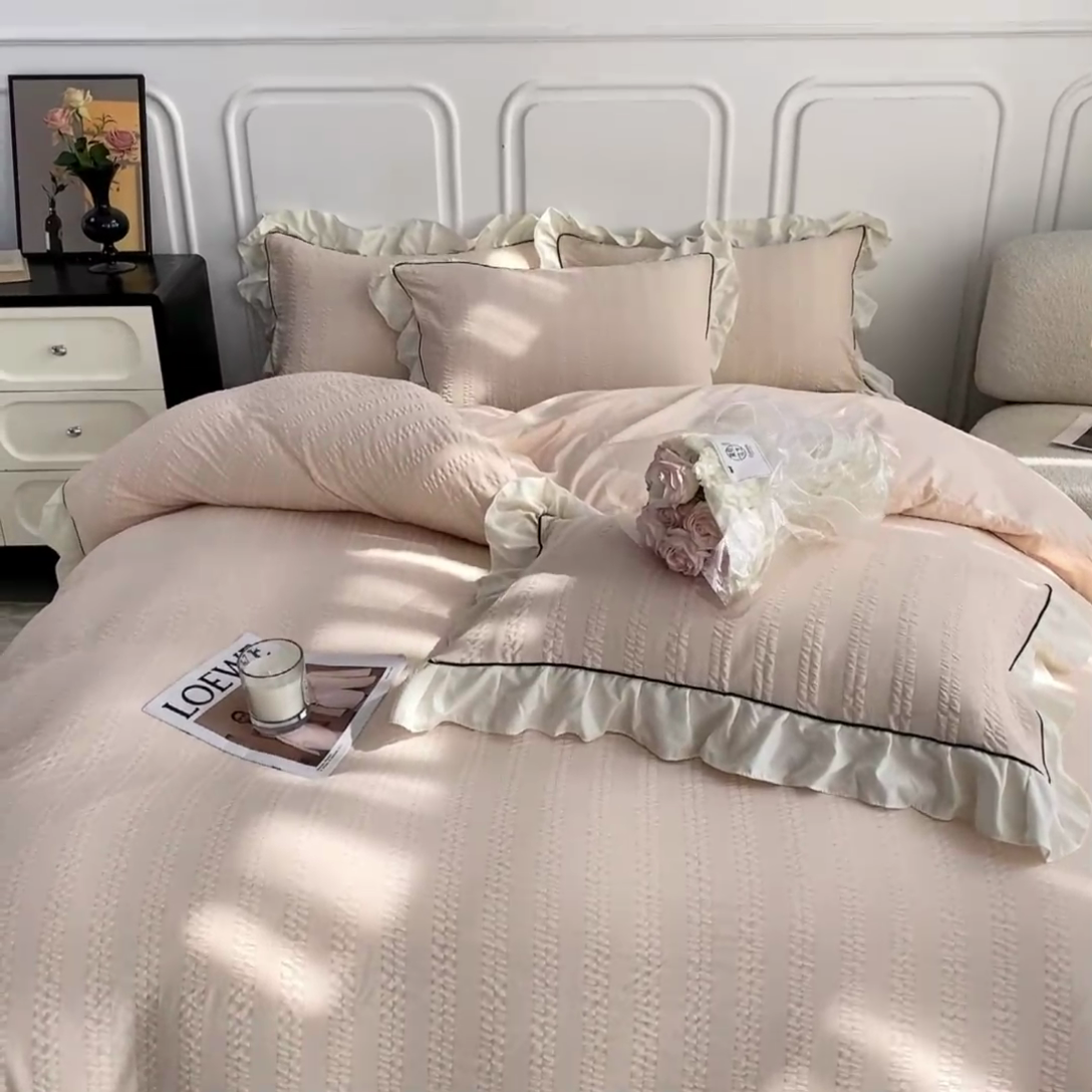 91家纺网 家纺一手货源 找家纺 （总）大境 2024新款小提花韩版公主风小清新轻奢四件套三件套