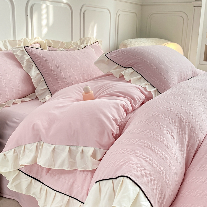 91家纺网 家纺一手货源 找家纺 大境 2024新款小提花韩版公主风小清新轻奢四件套三件套 粉豆沙