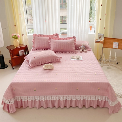 宜凡家纺 2024新款全棉夹棉绣花花边系列床盖三件套 玫瑰佳人 粉