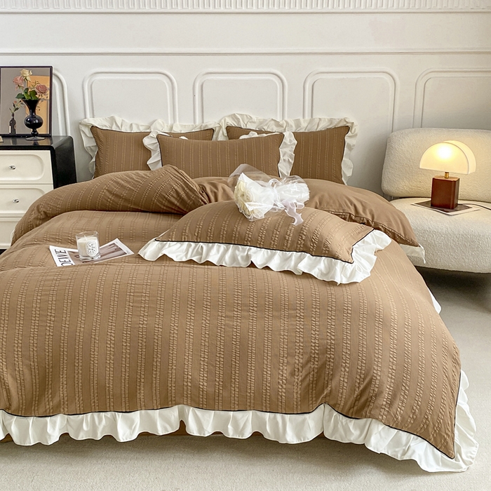 91家纺网 家纺一手货源 找家纺 大境 2024新款小提花韩版公主风小清新轻奢四件套三件套 美拉德棕