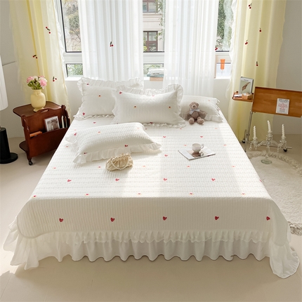 宜凡家纺 2024新款全棉夹棉绣花花边系列床盖三件套 爱恋-奶白