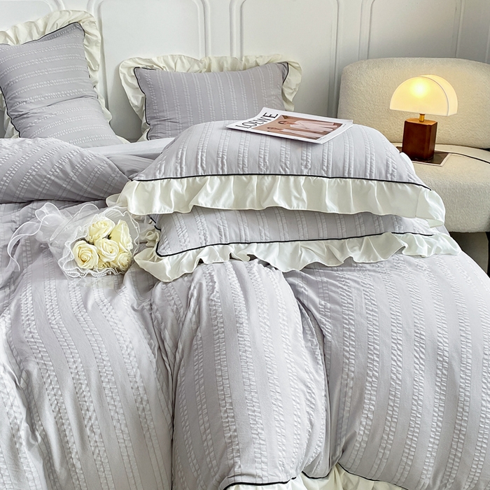 91家纺网 家纺一手货源 找家纺 大境 2024新款小提花韩版公主风小清新轻奢四件套三件套 优雅灰