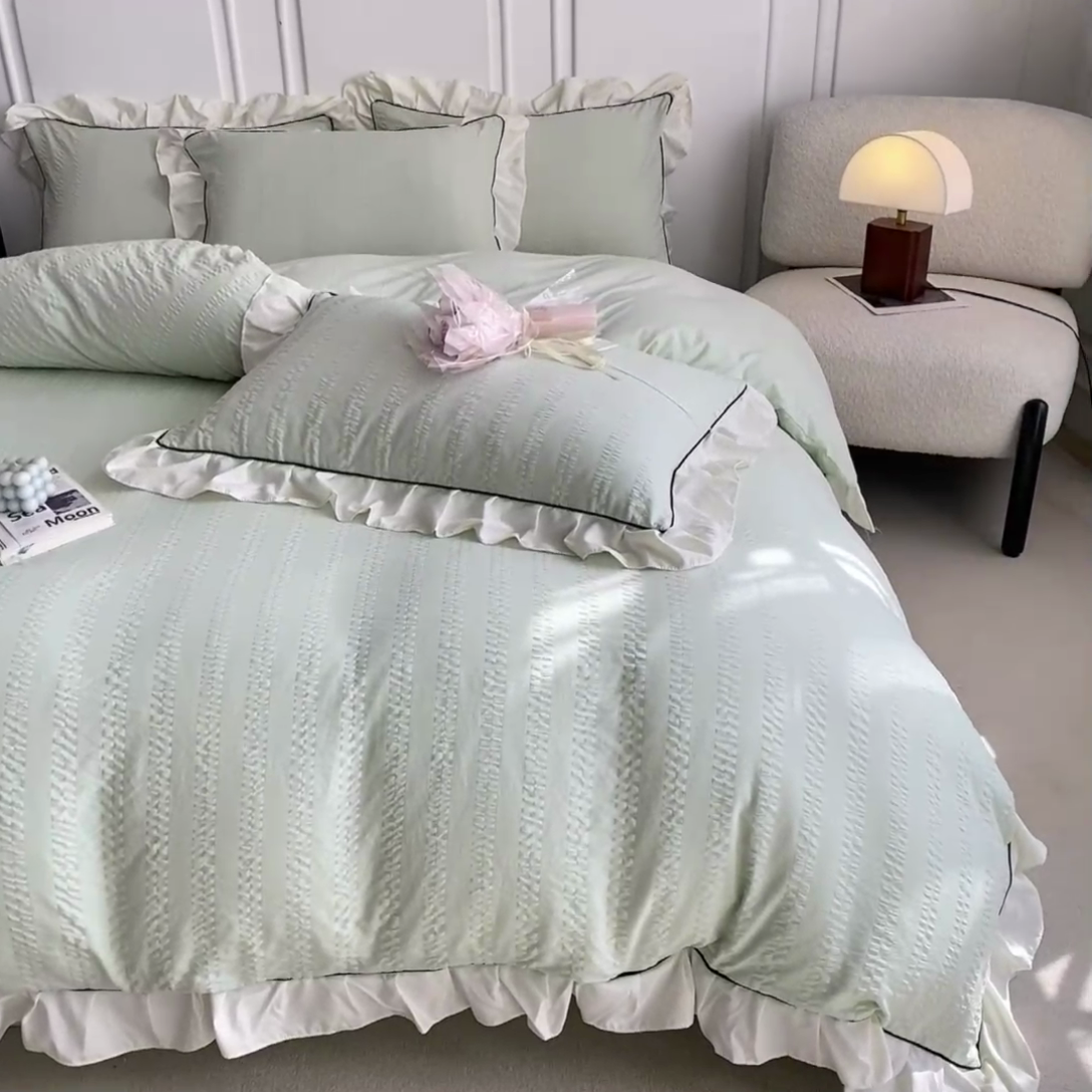 91家纺网 家纺一手货源 找家纺 大境 2024新款小提花韩版公主风小清新轻奢四件套三件套 香草绿