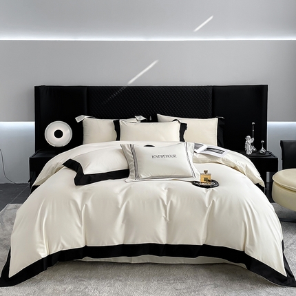 91家纺网 家纺一手货源 找家纺 （总） 2025新款50S长绒棉纯色撞色简约拼角款四件套-洛斐