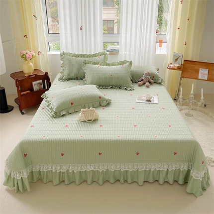 宜凡家纺 2024新款全棉夹棉绣花花边系列床盖三件套 爱恋-果绿