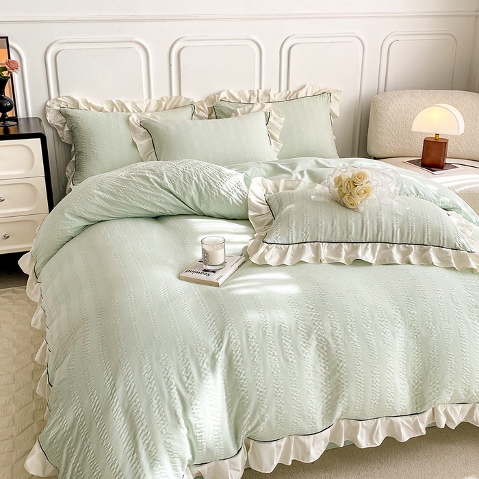 91家纺网 家纺一手货源 找家纺 大境 2024新款小提花韩版公主风小清新轻奢四件套三件套 香草绿